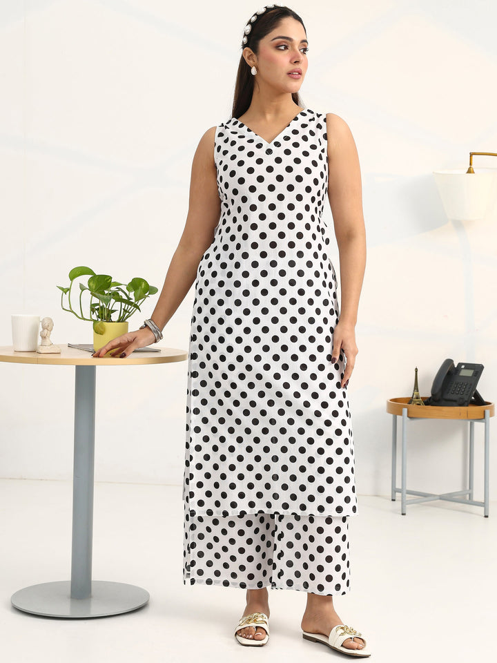 White Geometric Printed Cotton Blend Straight Kurta Set