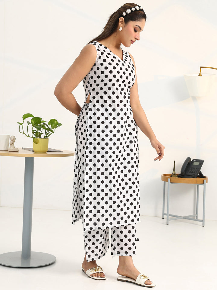 White Geometric Printed Cotton Blend Straight Kurta Set