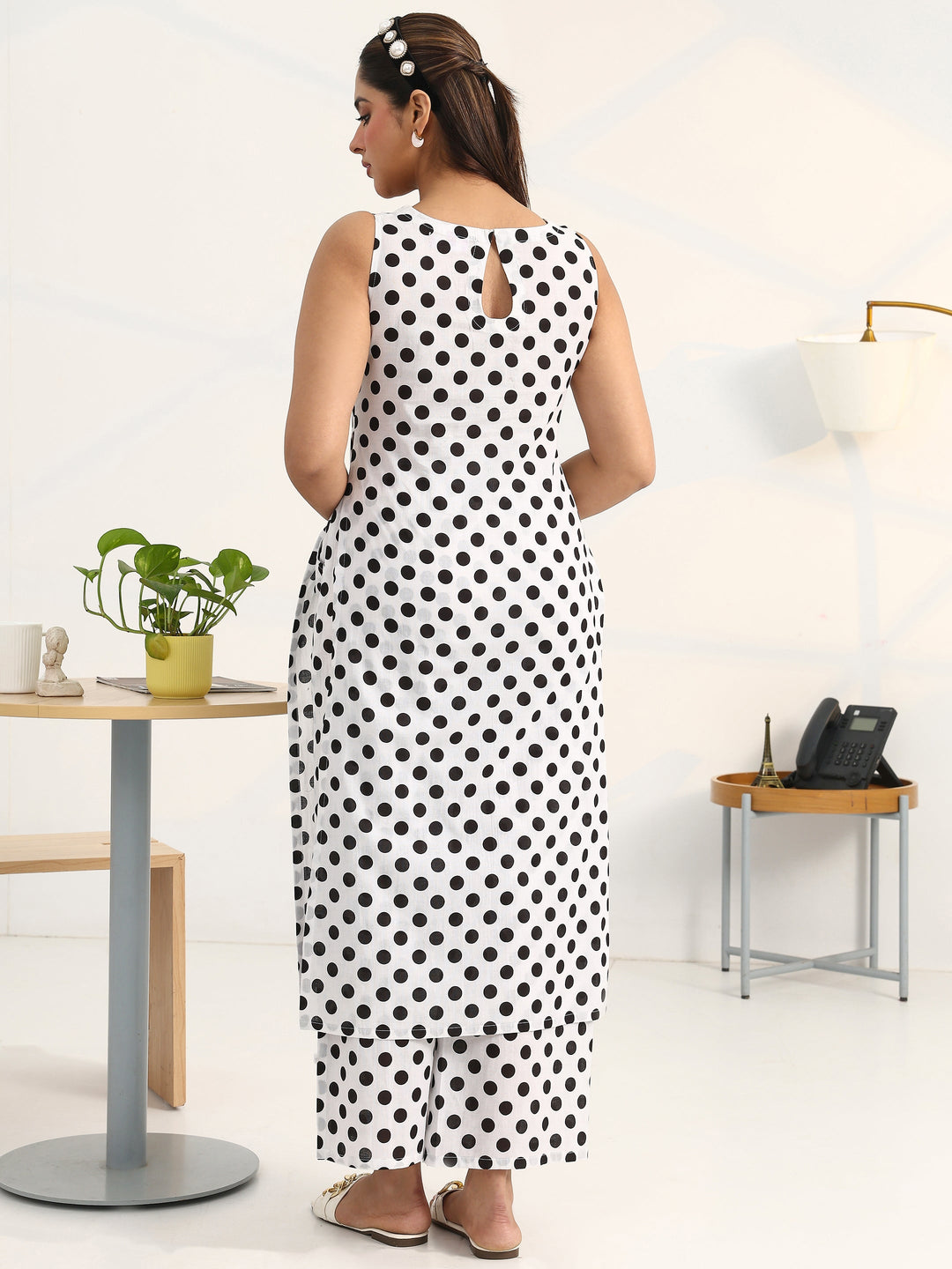 White Geometric Printed Cotton Blend Straight Kurta Set