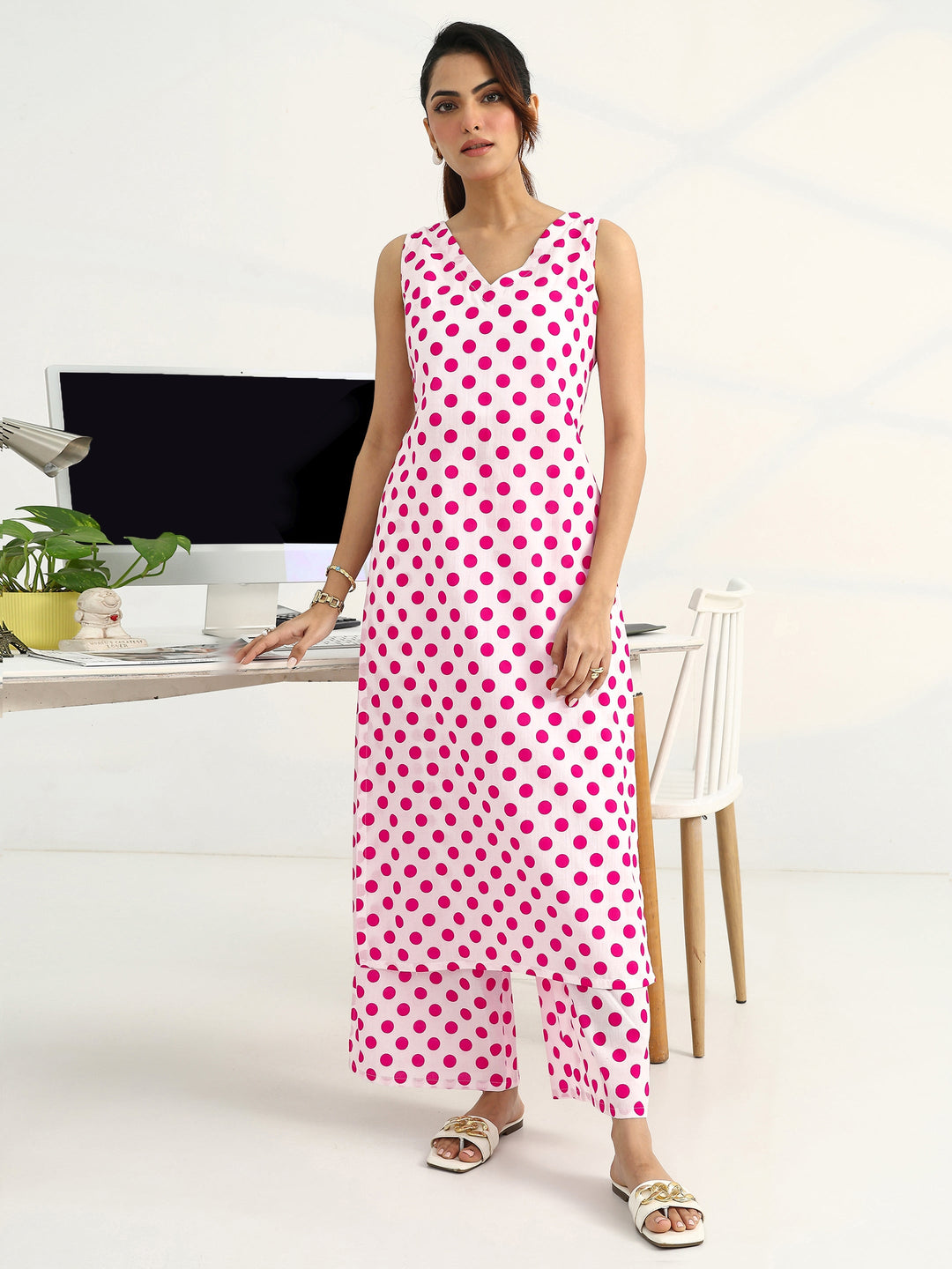 White Geometric Printed Cotton Blend Straight Kurta Set