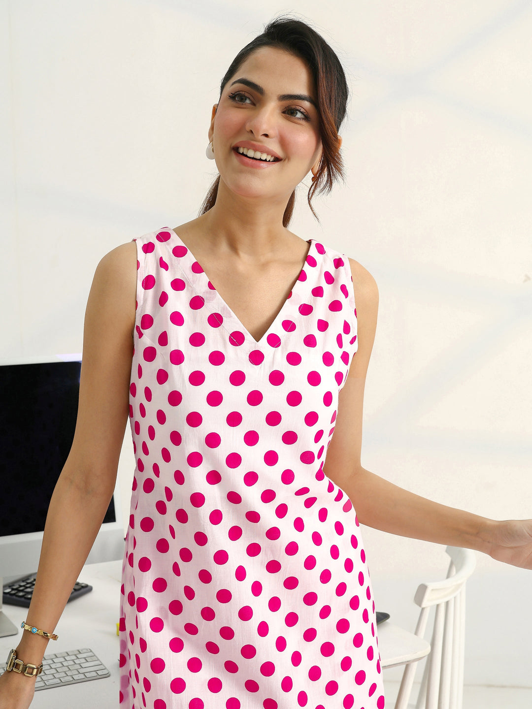 White Geometric Printed Cotton Blend Straight Kurta Set