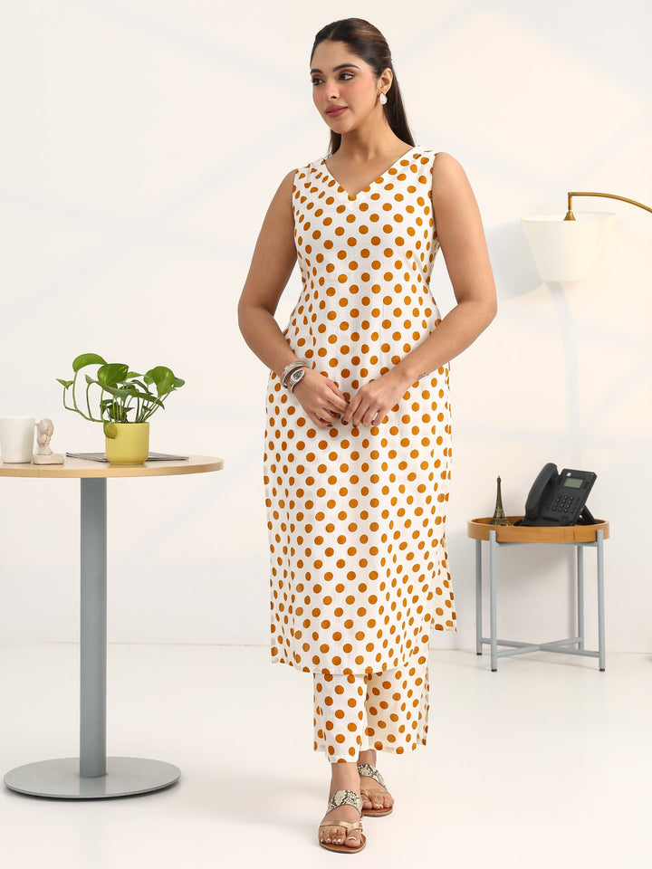 White Geometric Printed Cotton Blend Straight Kurta Set