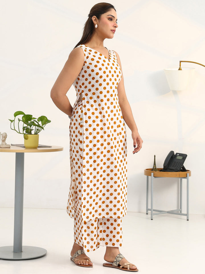 White Geometric Printed Cotton Blend Straight Kurta Set
