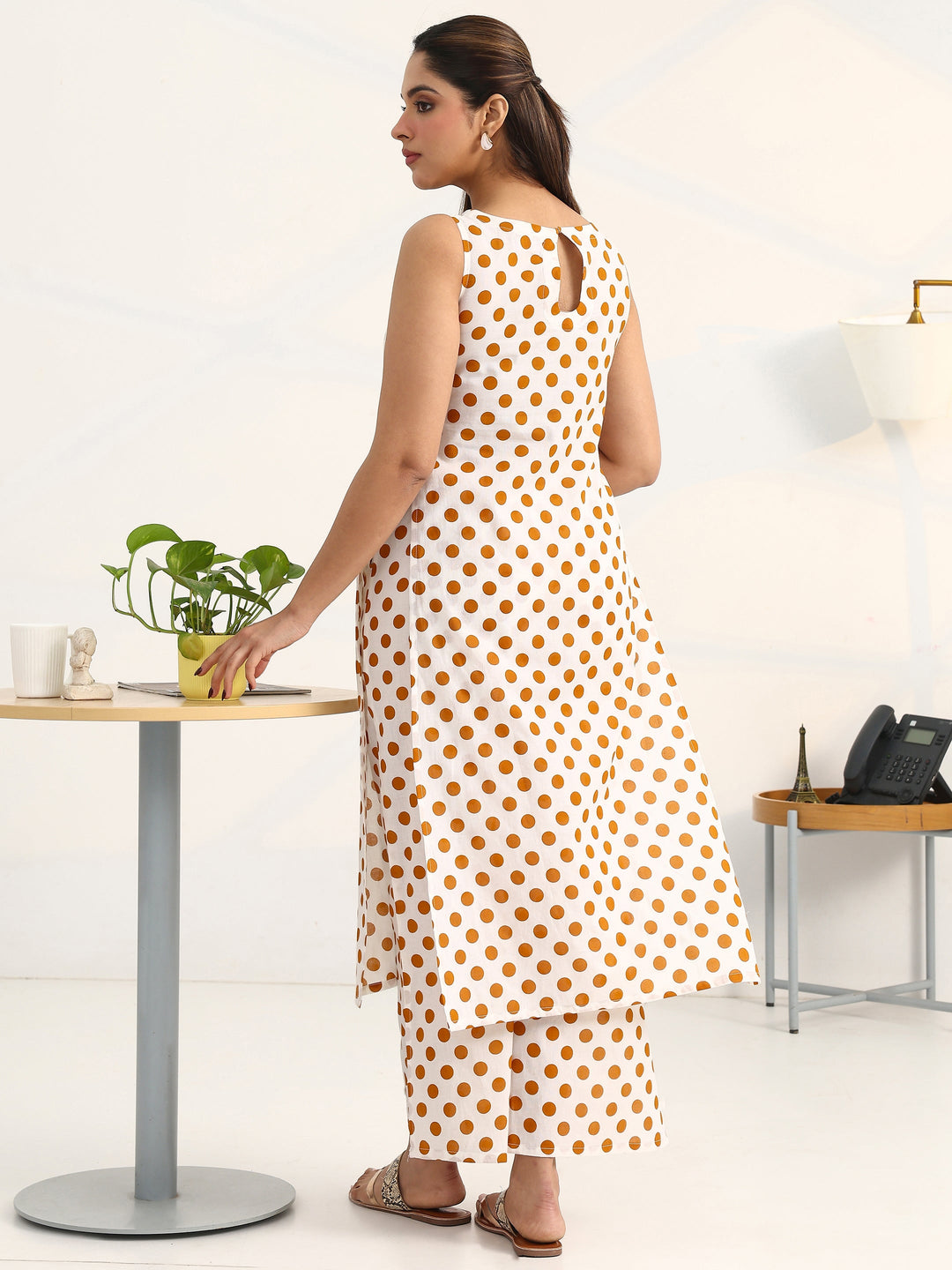 White Geometric Printed Cotton Blend Straight Kurta Set