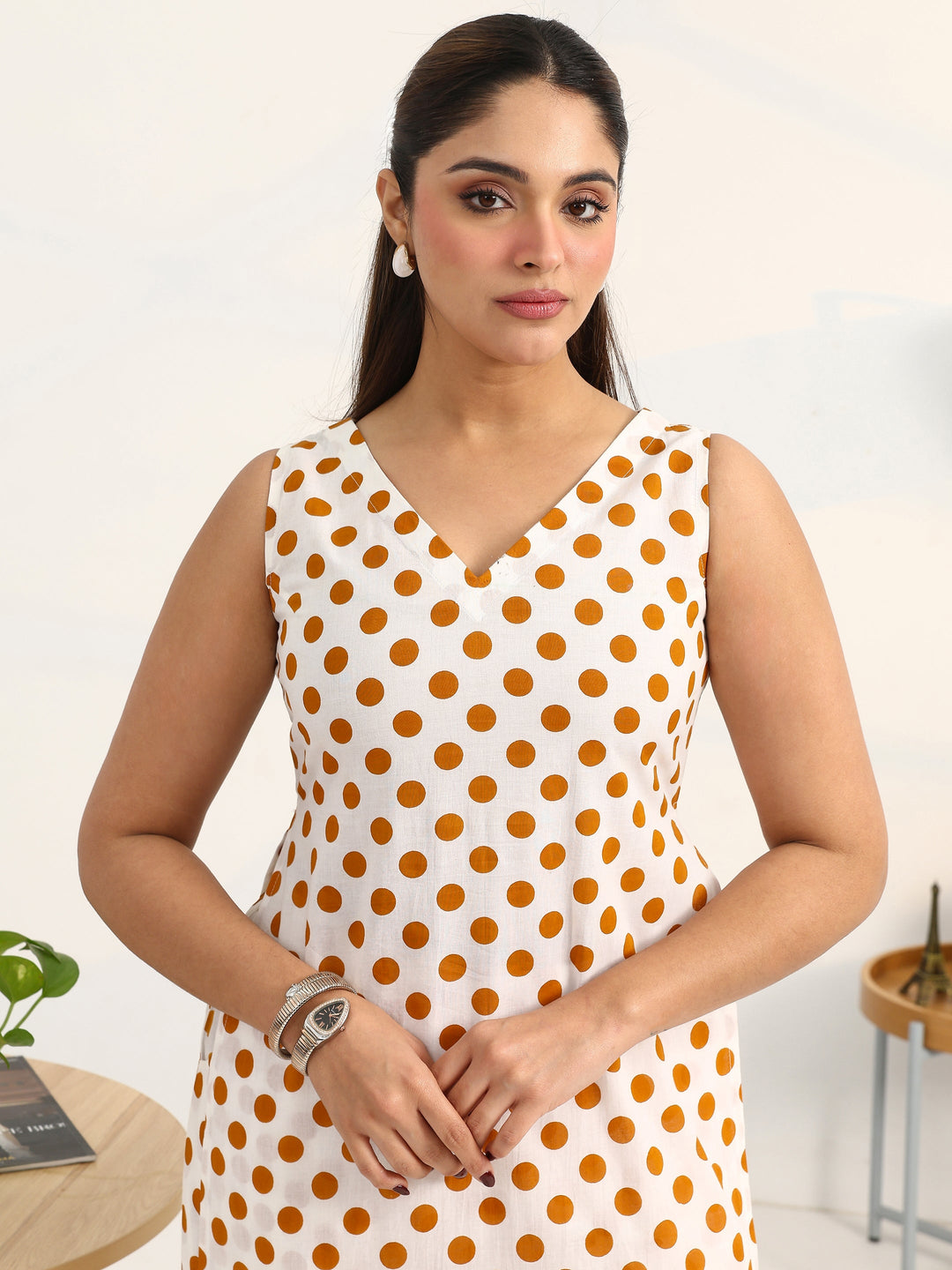 White Geometric Printed Cotton Blend Straight Kurta Set