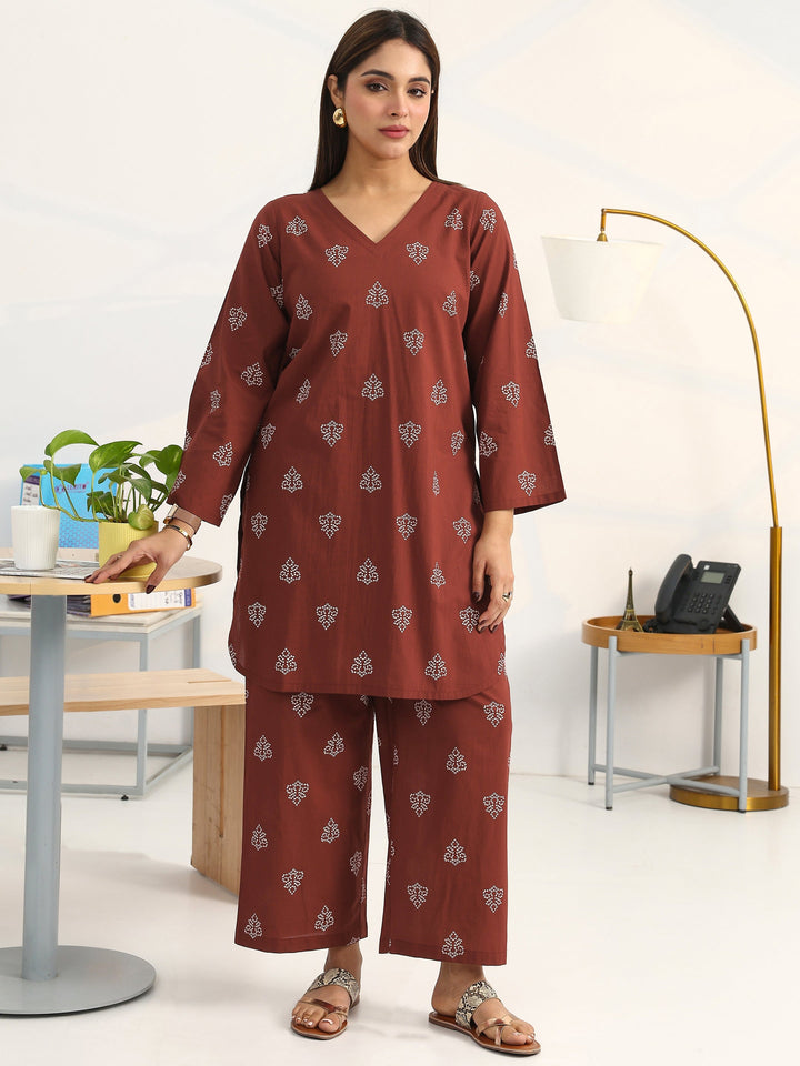 Brown Bandhani Printed Cotton Blend Straight Kurta Set