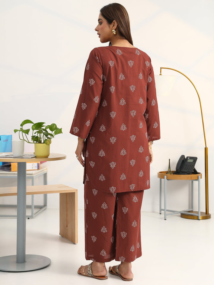 Brown Bandhani Printed Cotton Blend Straight Kurta Set