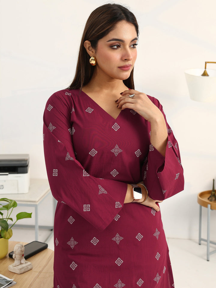 Pink Geometric Printed Cotton Blend Straight Kurta Set