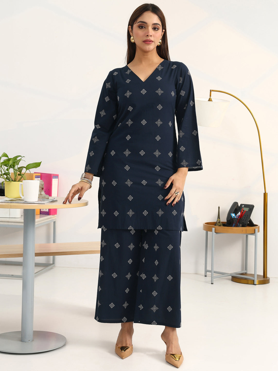 Navy Blue Geometric Printed Cotton Blend Straight Kurta Set
