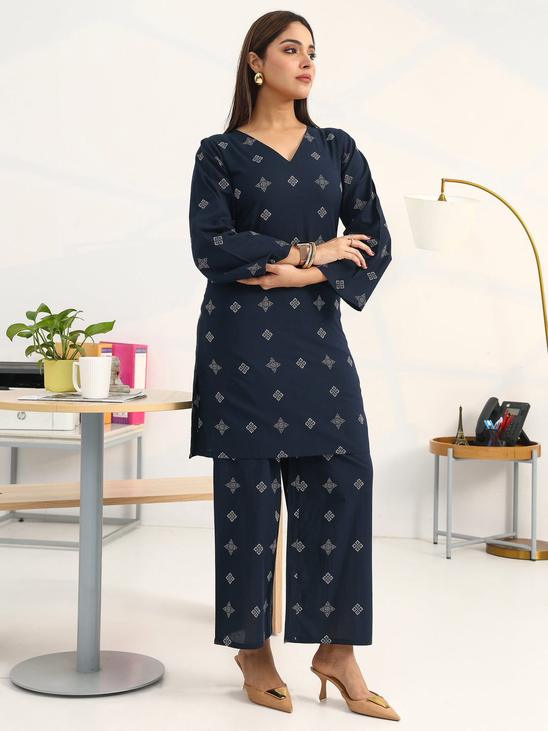 Navy Blue Geometric Printed Cotton Blend Straight Kurta Set