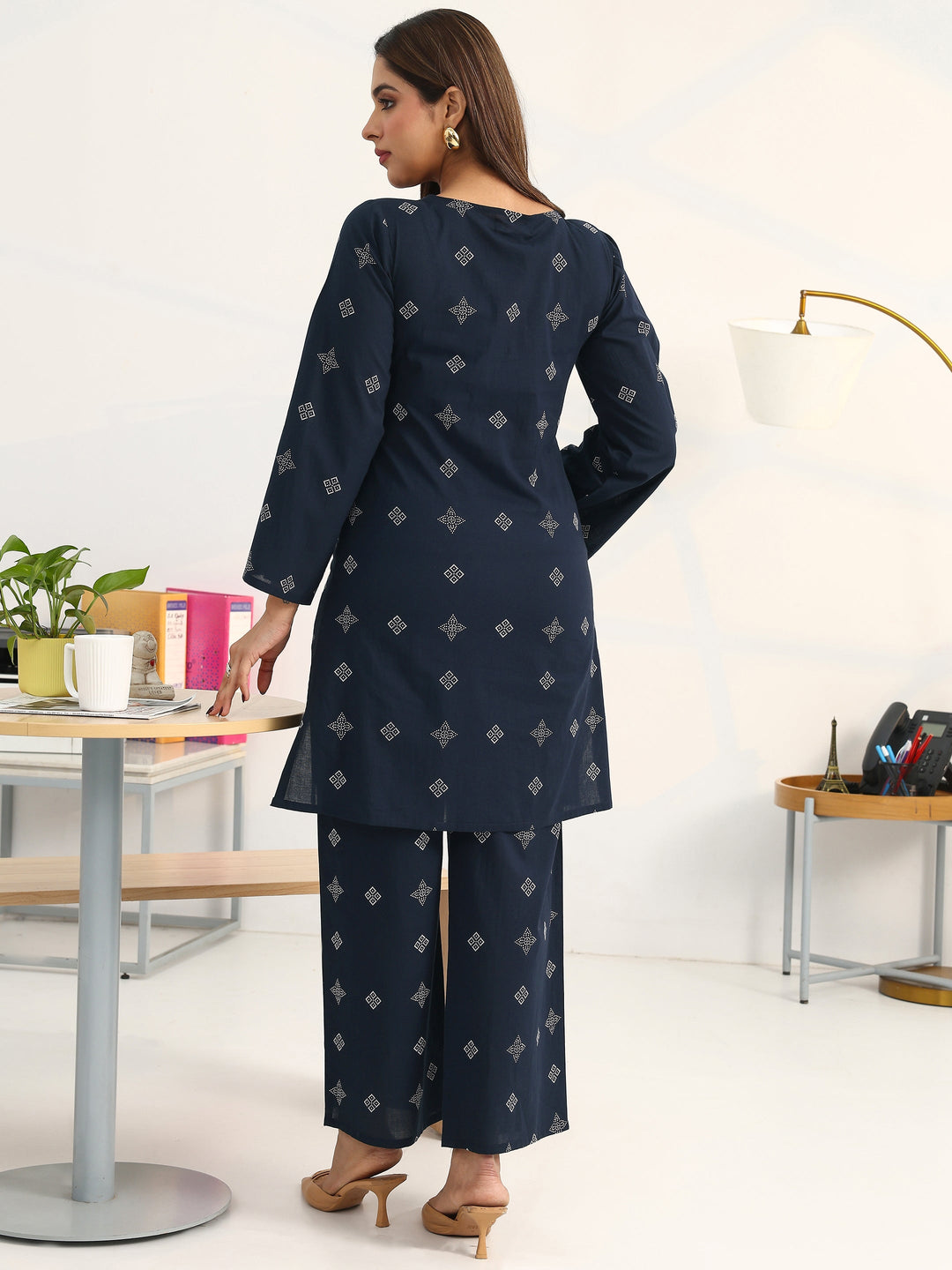 Navy Blue Geometric Printed Cotton Blend Straight Kurta Set