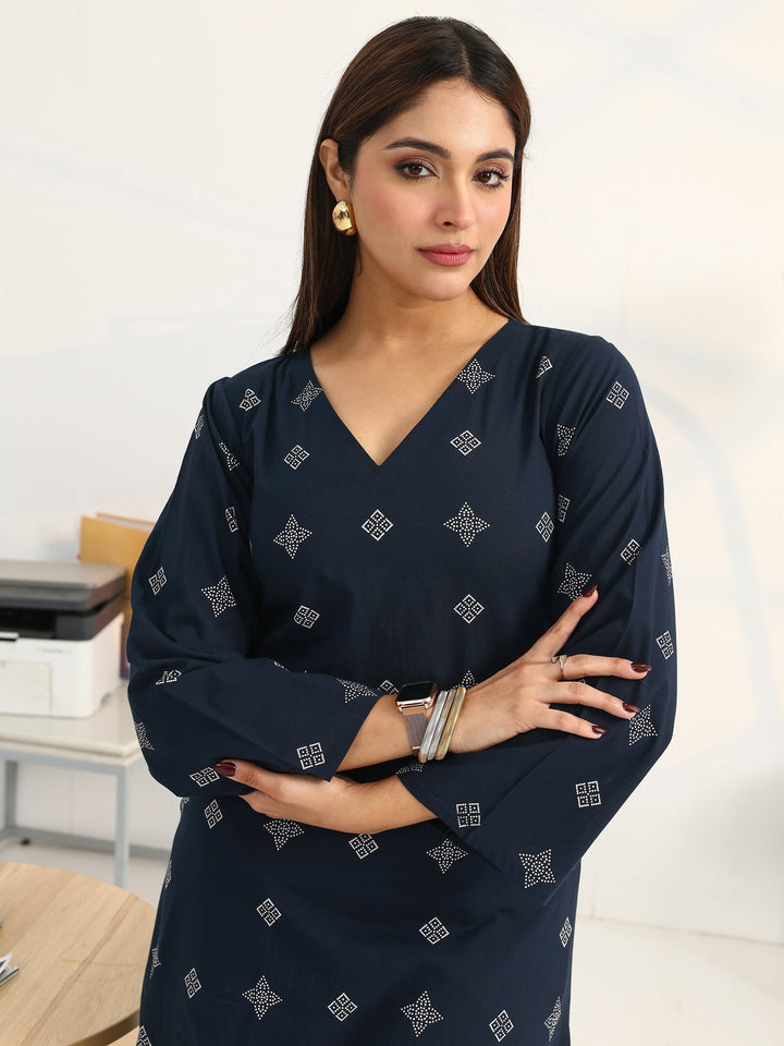 Navy Blue Geometric Printed Cotton Blend Straight Kurta Set