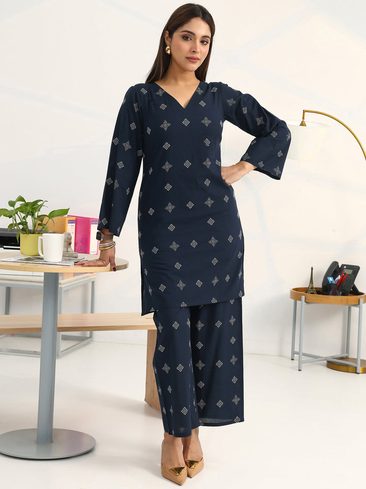 Navy Blue Geometric Printed Cotton Blend Straight Kurta Set
