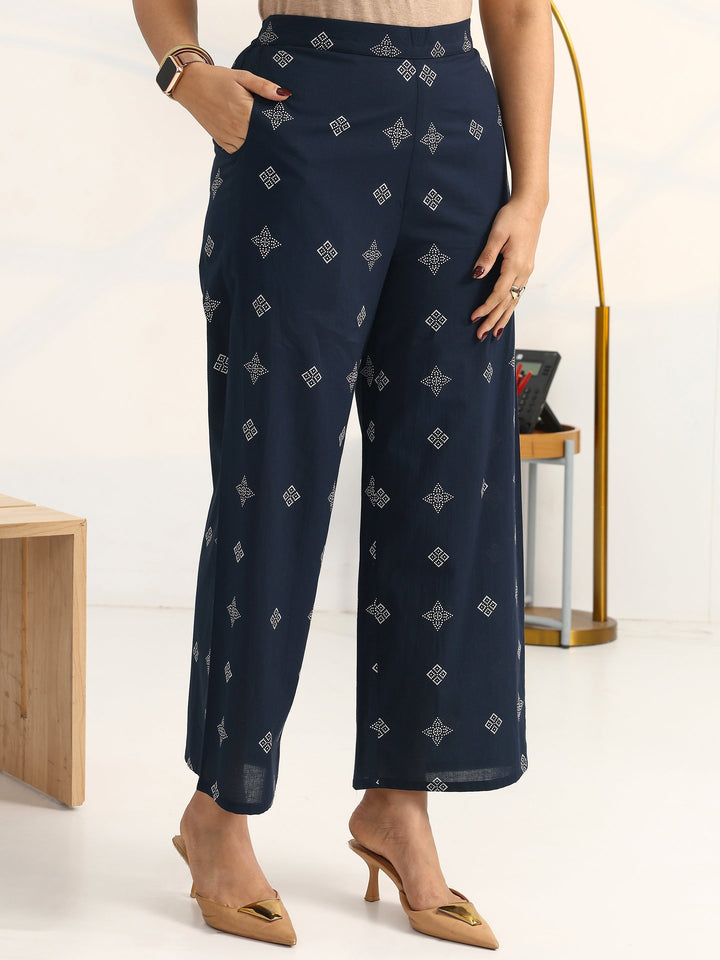 Navy Blue Geometric Printed Cotton Blend Straight Kurta Set