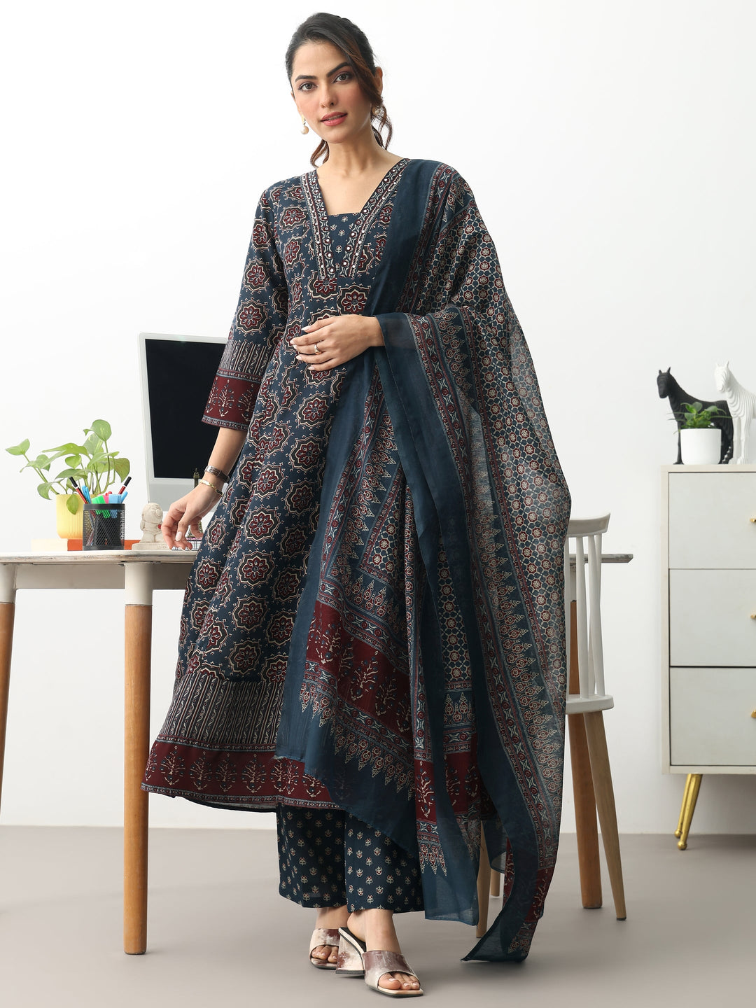Navy Blue Ethnic Motifs Printed Cotton Blend A-Line Suit Set With Dupatta