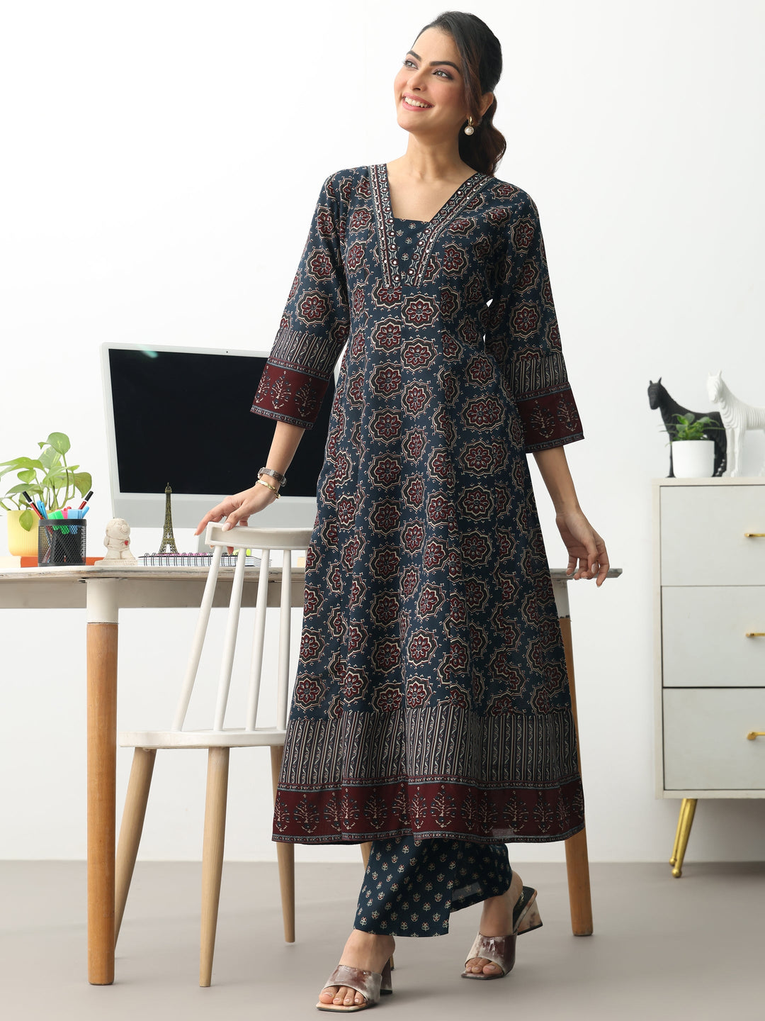 Navy Blue Ethnic Motifs Printed Cotton Blend A-Line Suit Set With Dupatta