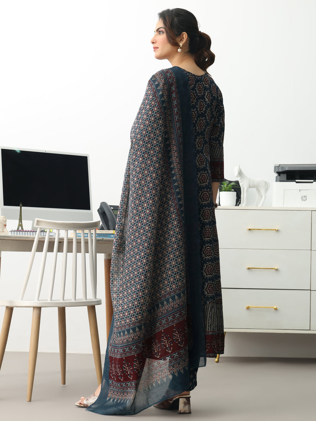 Navy Blue Ethnic Motifs Printed Cotton Blend A-Line Suit Set With Dupatta