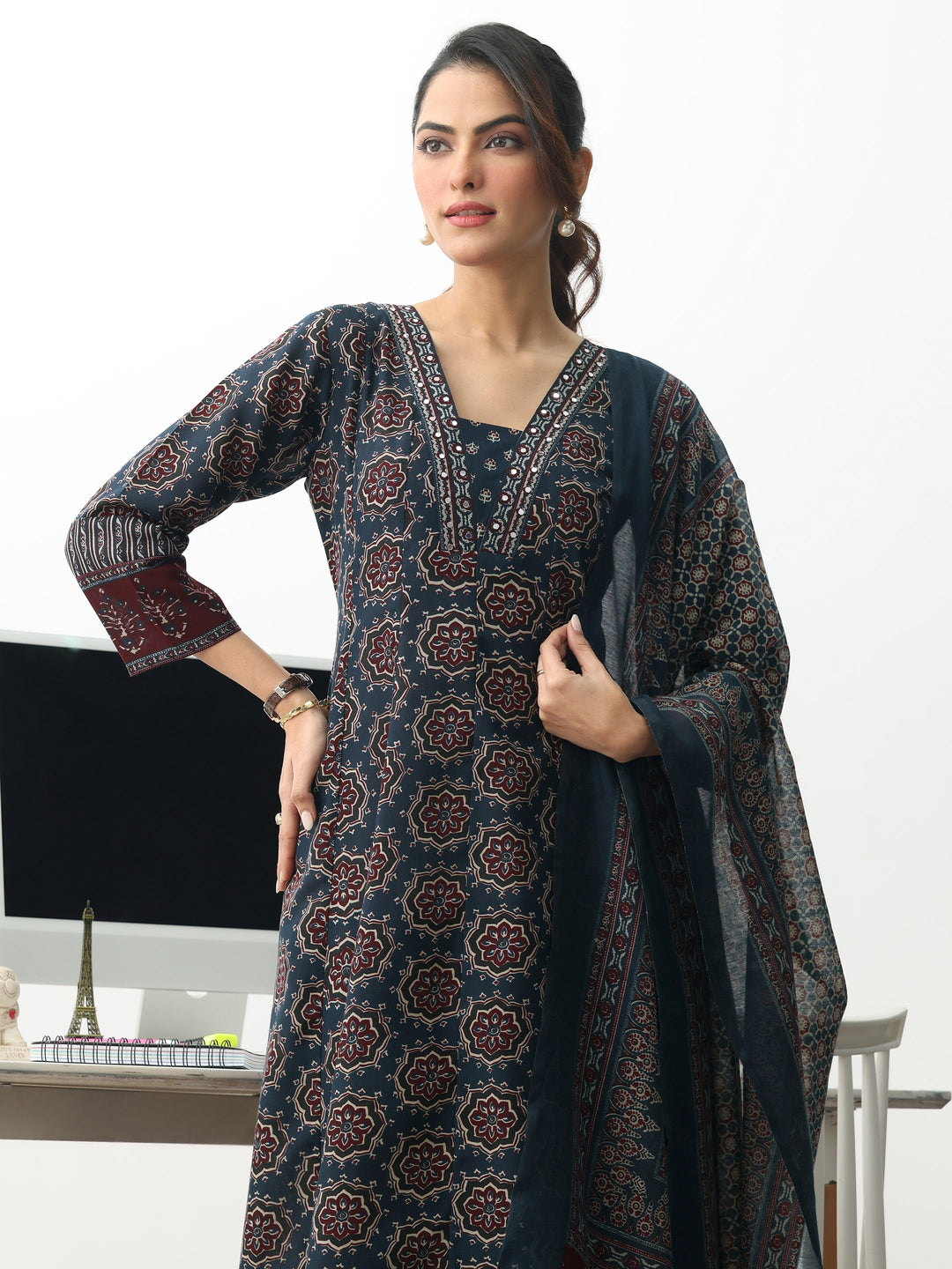 Navy Blue Ethnic Motifs Printed Cotton Blend A-Line Suit Set With Dupatta