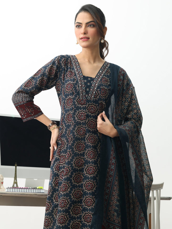 Navy Blue Ethnic Motifs Printed Cotton Blend A-Line Suit Set With Dupatta