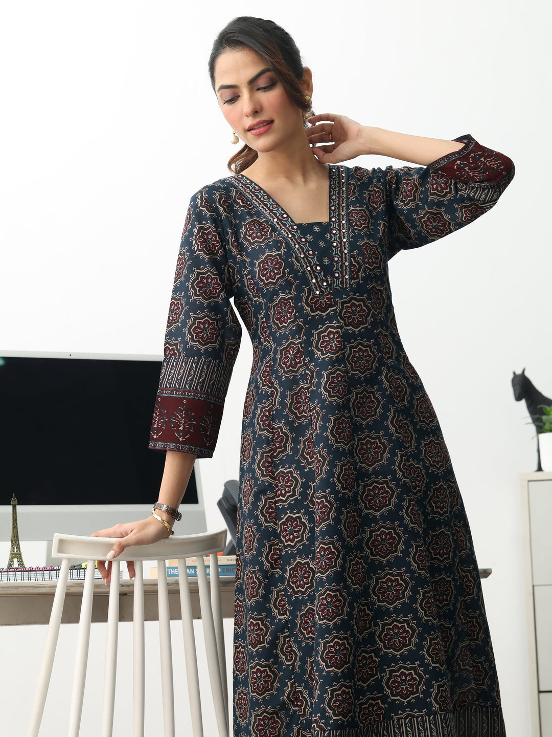 Navy Blue Ethnic Motifs Printed Cotton Blend A-Line Suit Set With Dupatta
