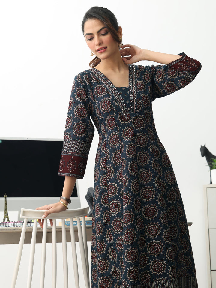 Navy Blue Ethnic Motifs Printed Cotton Blend A-Line Suit Set With Dupatta