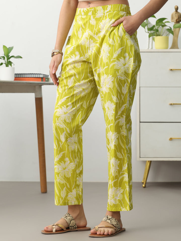 Green Floral Printed Cotton Blend Straight Kurta Set