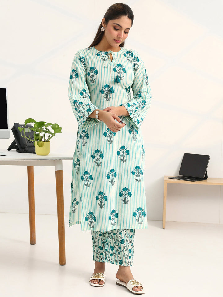 Blue Floral Printed Cotton Blend Straight Kurta Set