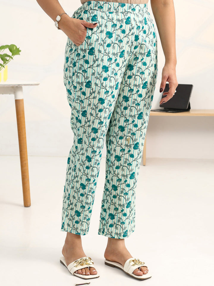 Blue Floral Printed Cotton Blend Straight Kurta Set