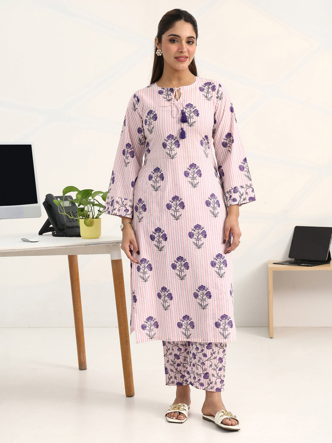 Purple Floral Printed Cotton Blend Straight Kurta Set