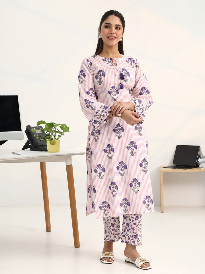 Purple Floral Printed Cotton Blend Straight Kurta Set