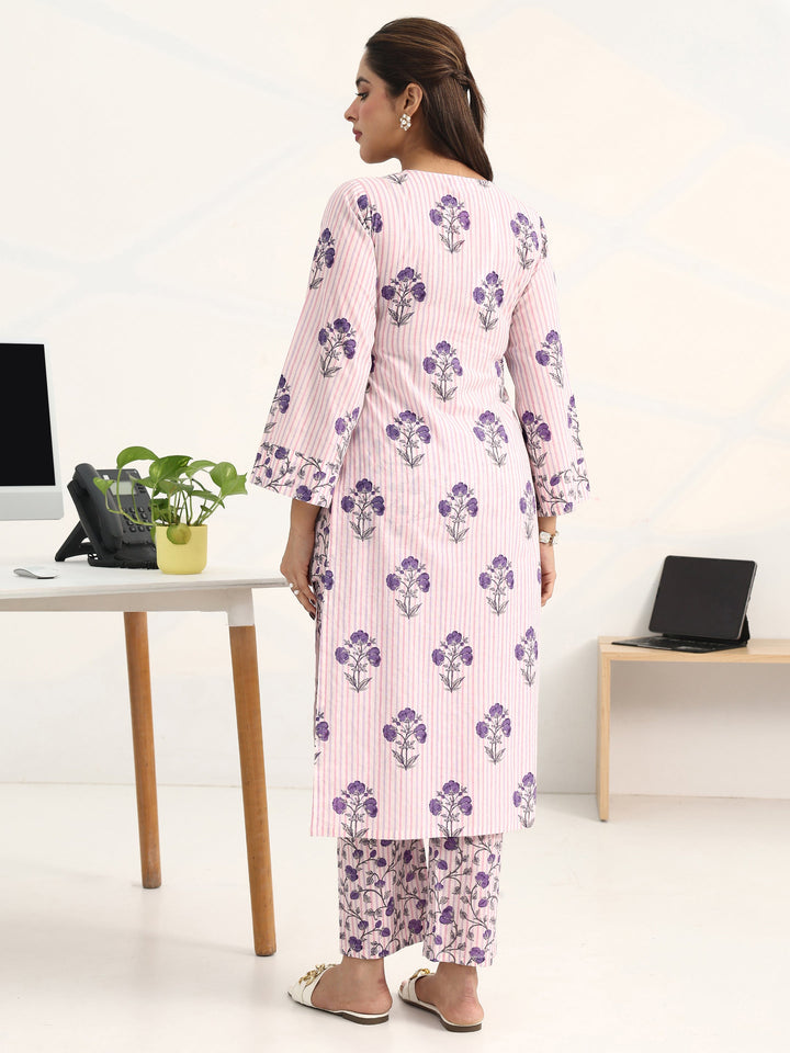 Purple Floral Printed Cotton Blend Straight Kurta Set
