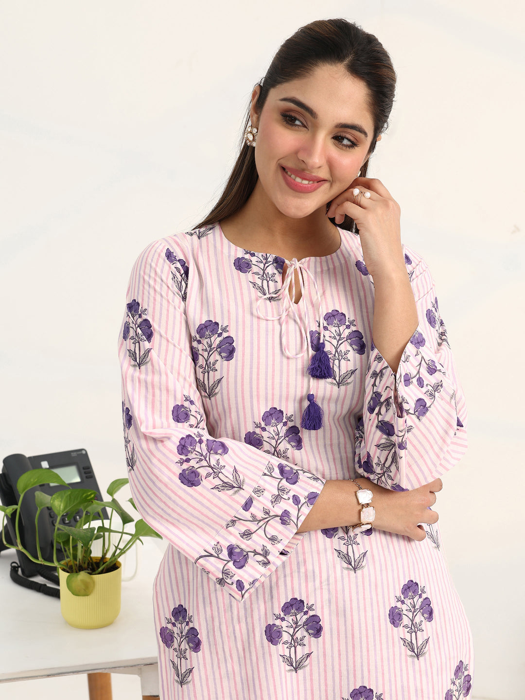 Purple Floral Printed Cotton Blend Straight Kurta Set