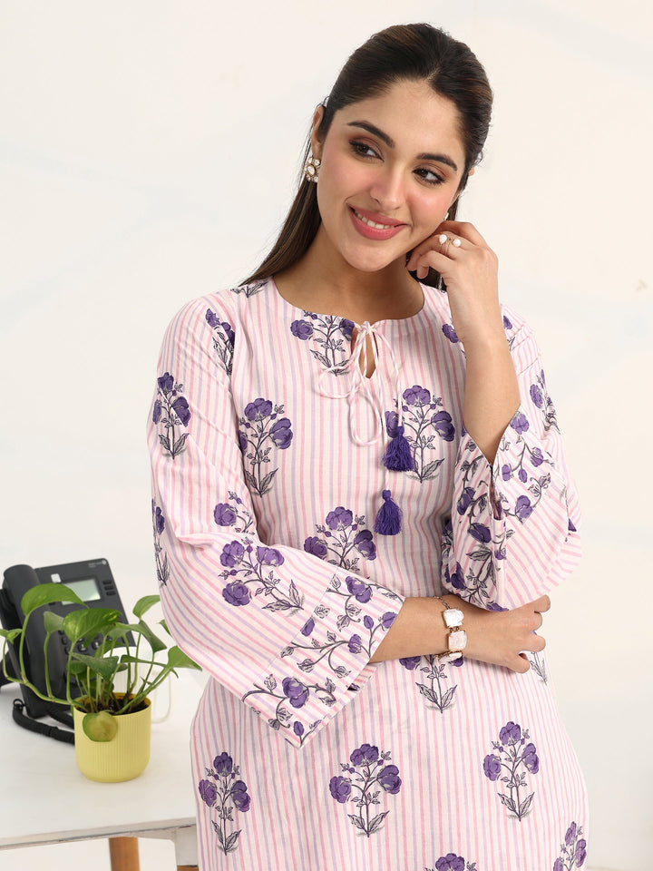 Purple Floral Printed Cotton Blend Straight Kurta Set