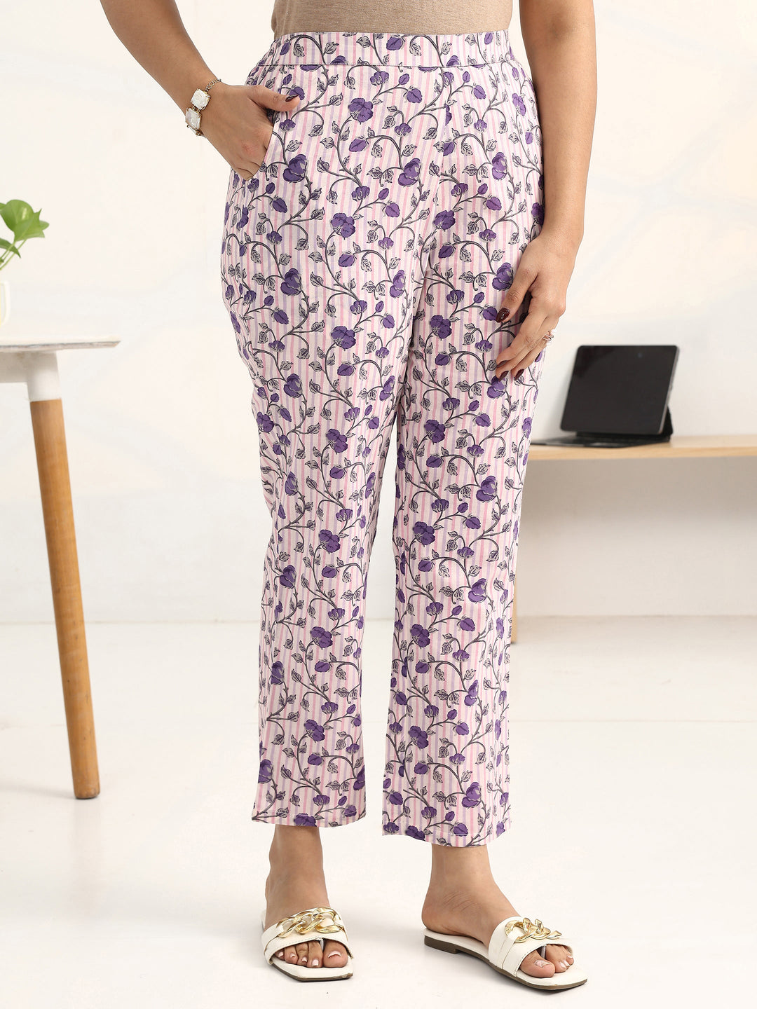 Purple Floral Printed Cotton Blend Straight Kurta Set