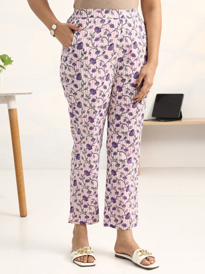 Purple Floral Printed Cotton Blend Straight Kurta Set
