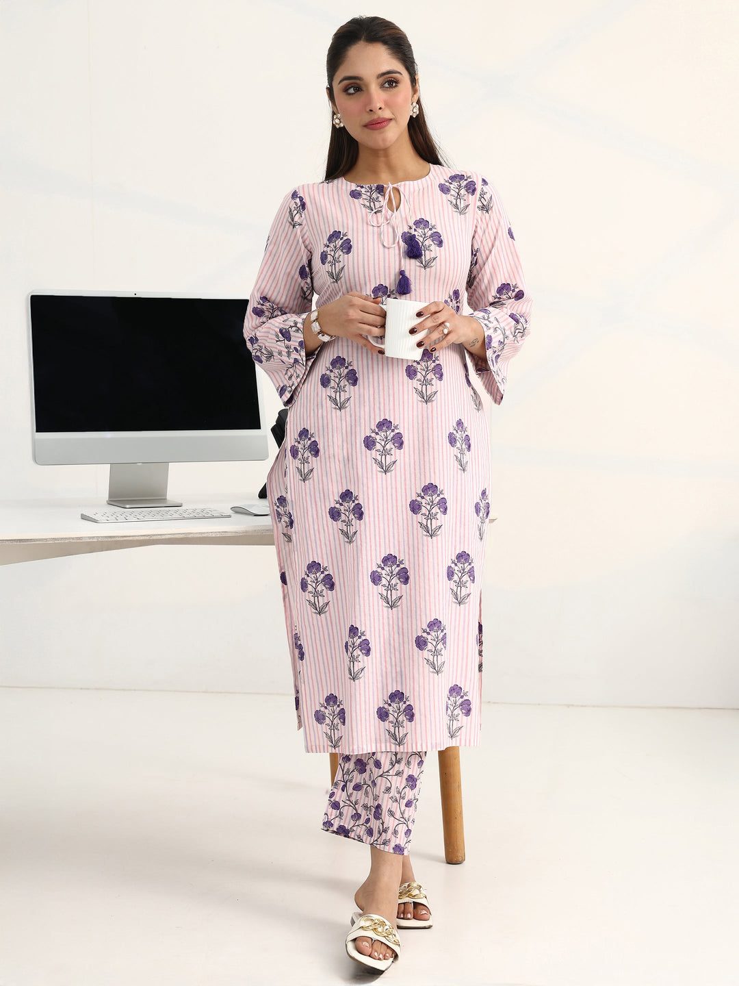 Purple Floral Printed Cotton Blend Straight Kurta Set