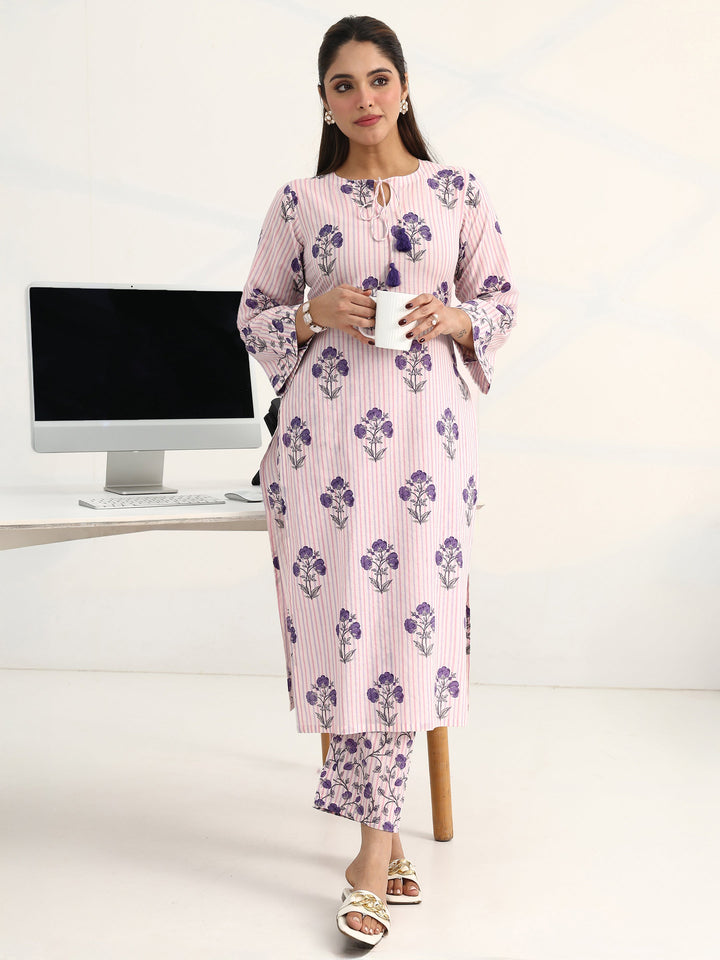 Purple Floral Printed Cotton Blend Straight Kurta Set