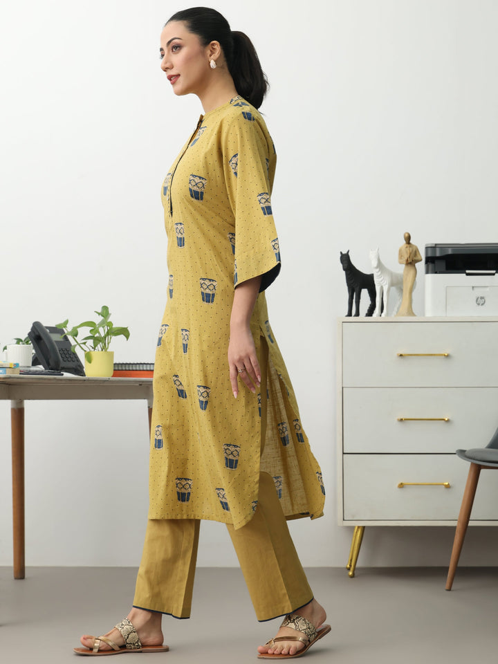 Mustard Ethnic Motifs Printed Cotton Blend Straight Kurta Set