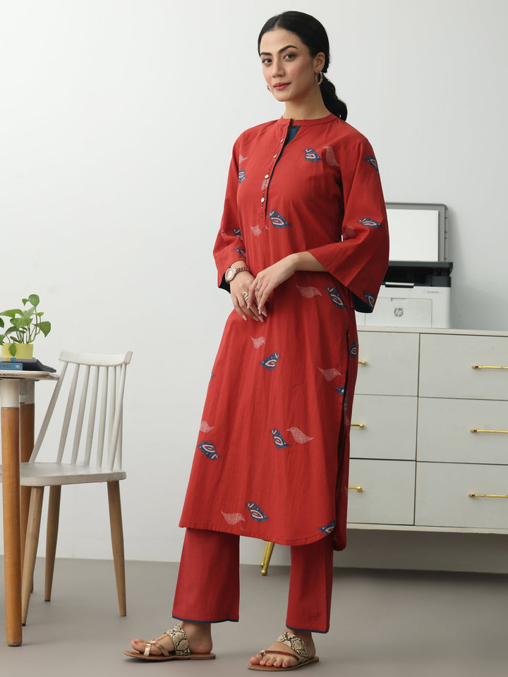 Rust Ethnic Motifs Printed Cotton Blend Straight Kurta Set