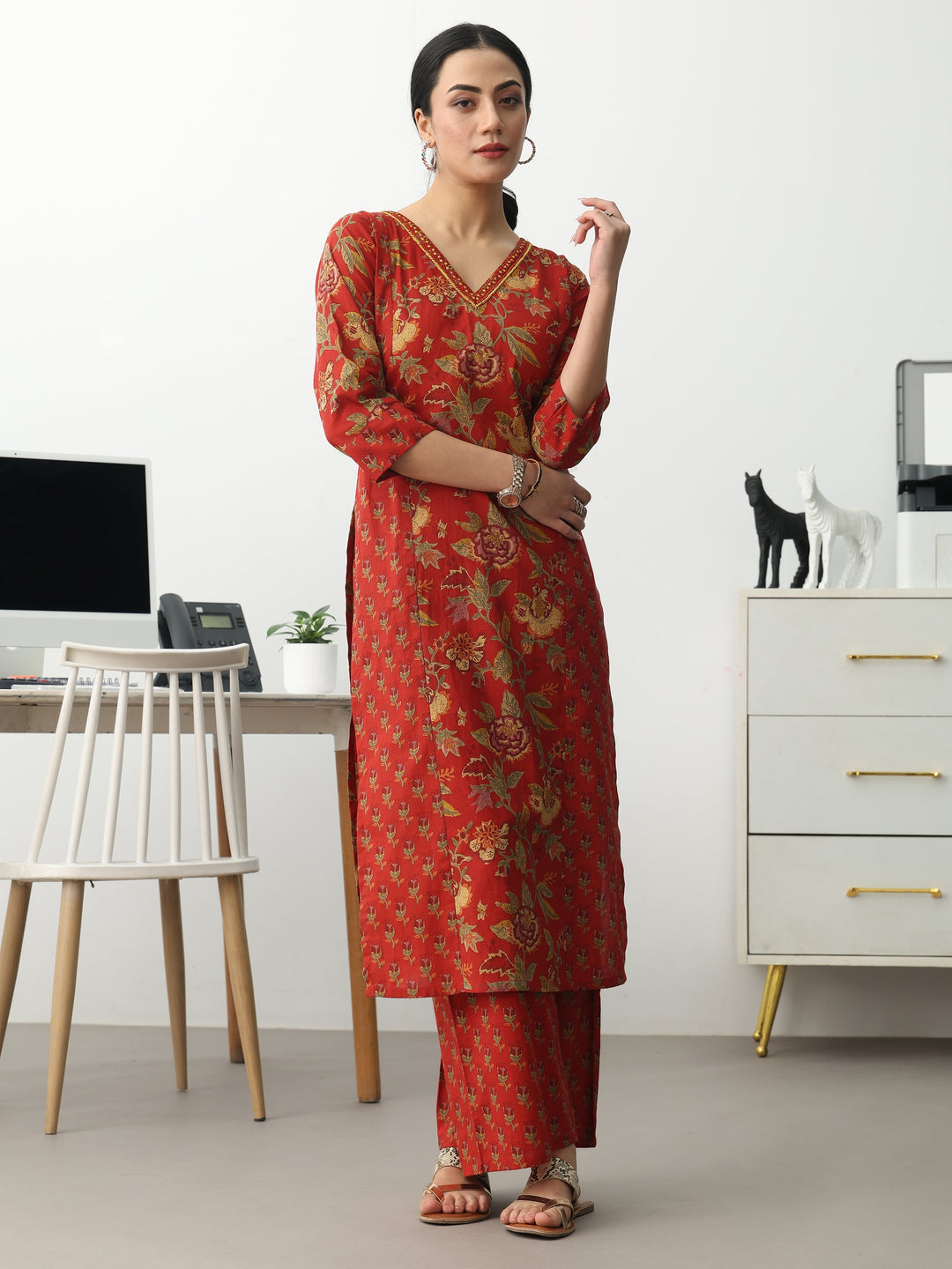 Rust Floral Printed Cotton Blend Straight Kurta Set