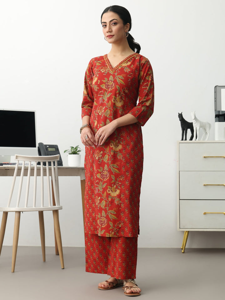 Rust Floral Printed Cotton Blend Straight Kurta Set