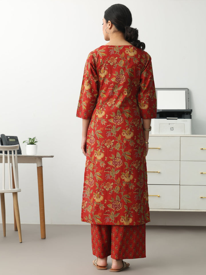 Rust Floral Printed Cotton Blend Straight Kurta Set