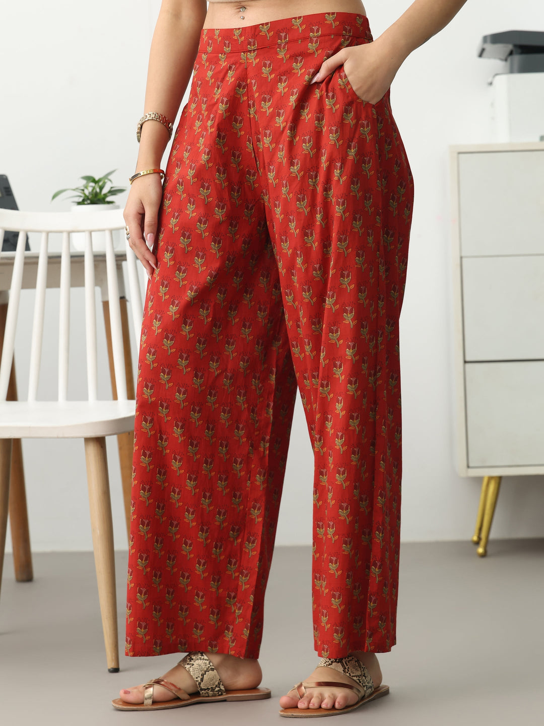 Rust Floral Printed Cotton Blend Straight Kurta Set