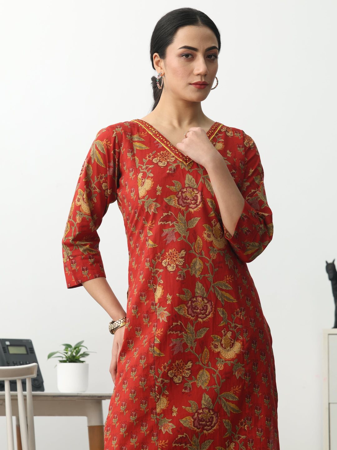 Rust Floral Printed Cotton Blend Straight Kurta Set