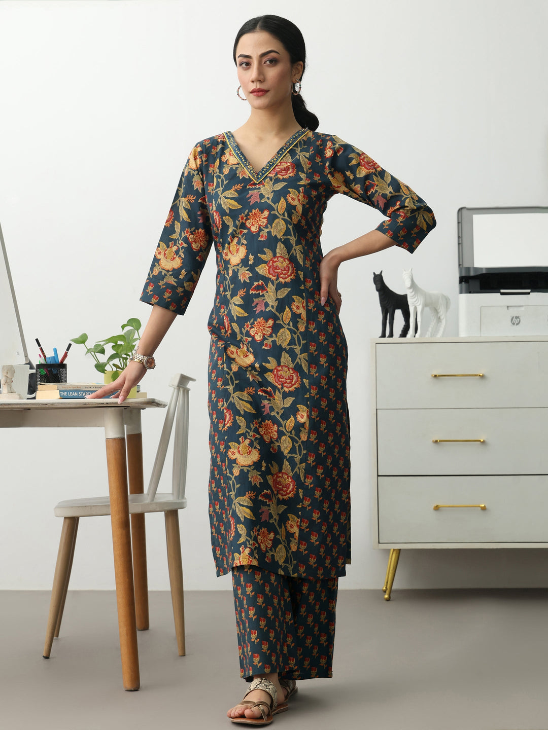 Navy Blue Floral Printed Cotton Blend Straight Kurta Set