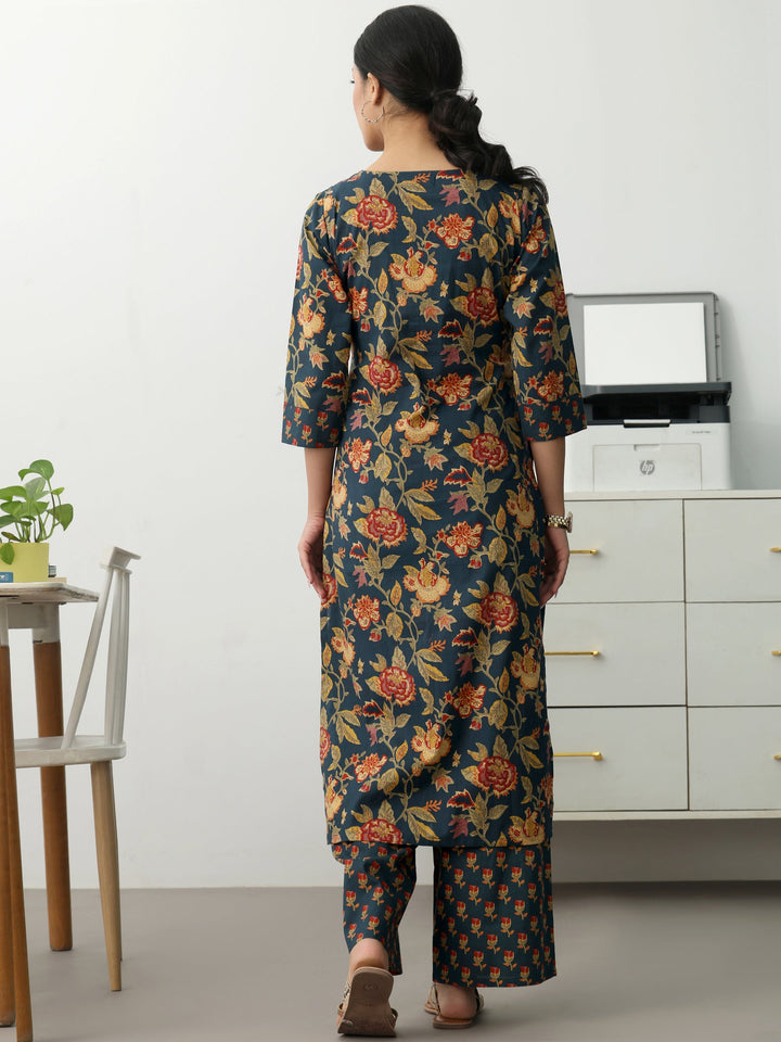Navy Blue Floral Printed Cotton Blend Straight Kurta Set