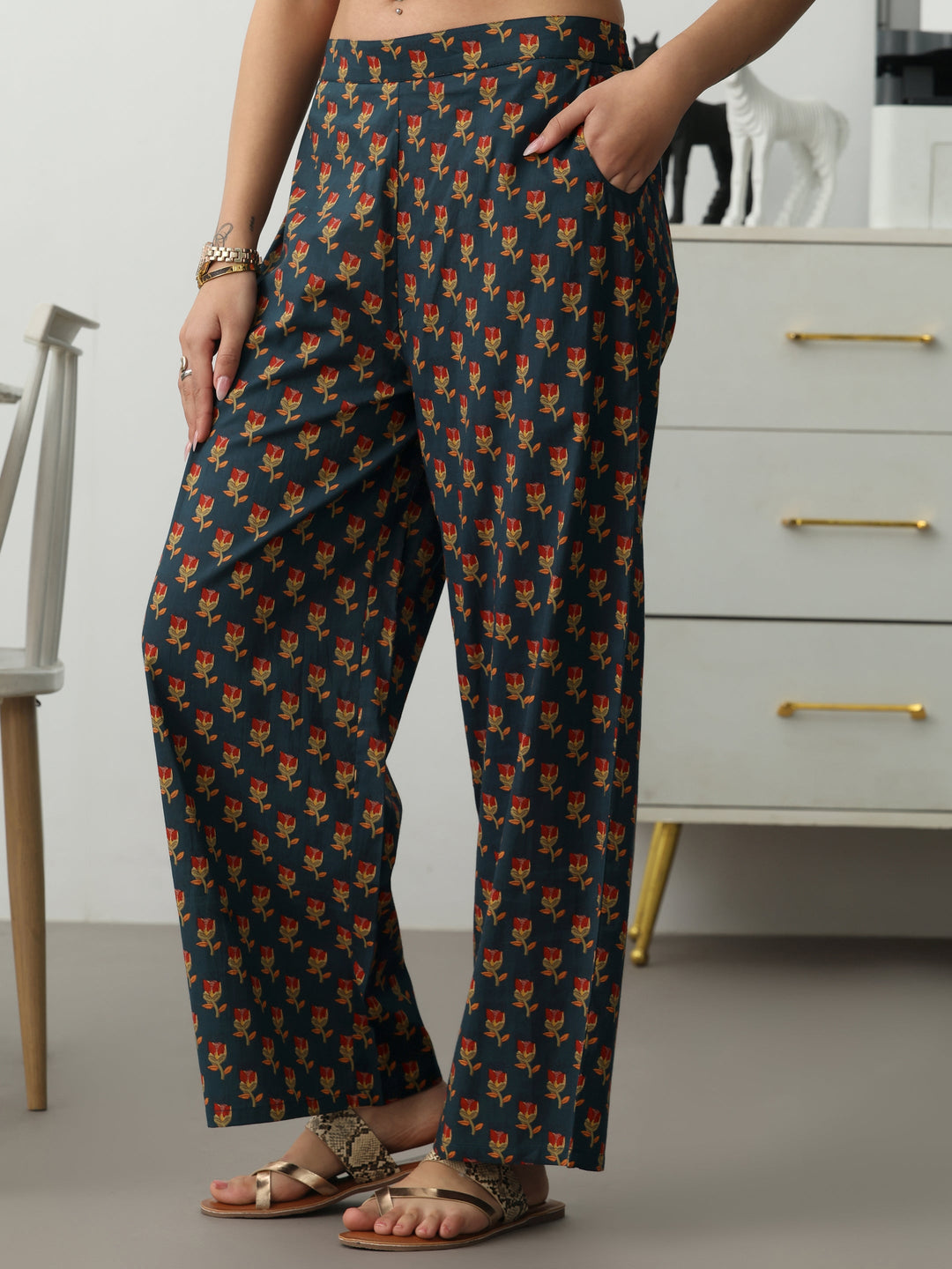 Navy Blue Floral Printed Cotton Blend Straight Kurta Set