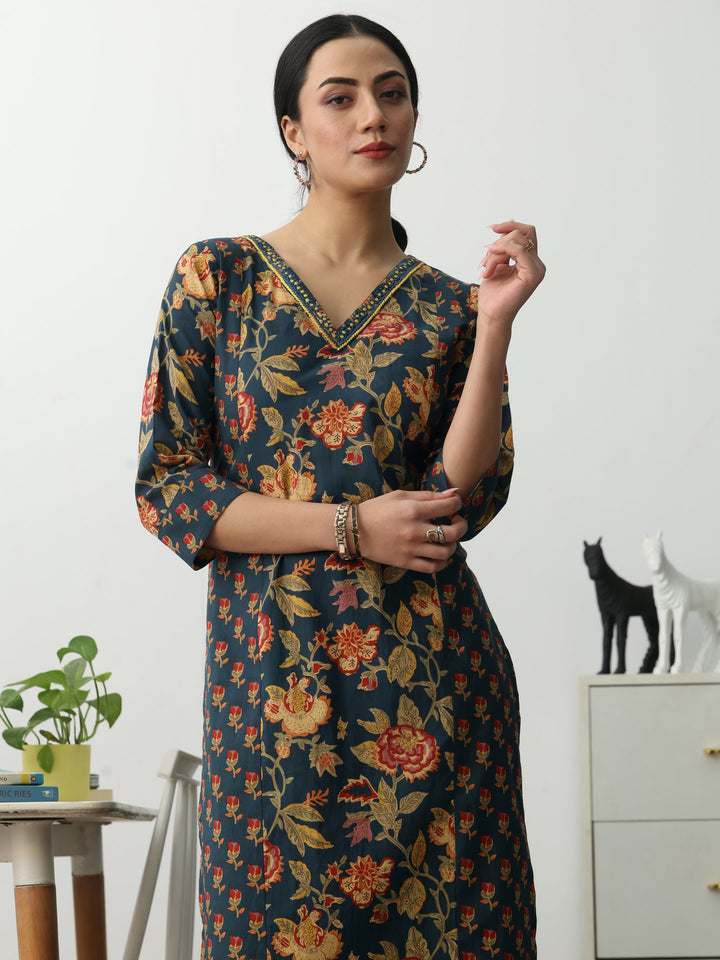 Navy Blue Floral Printed Cotton Blend Straight Kurta Set