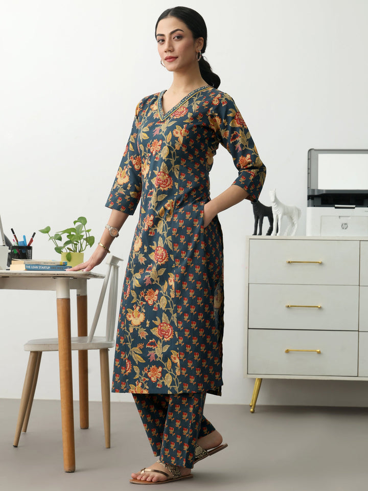 Navy Blue Floral Printed Cotton Blend Straight Kurta Set
