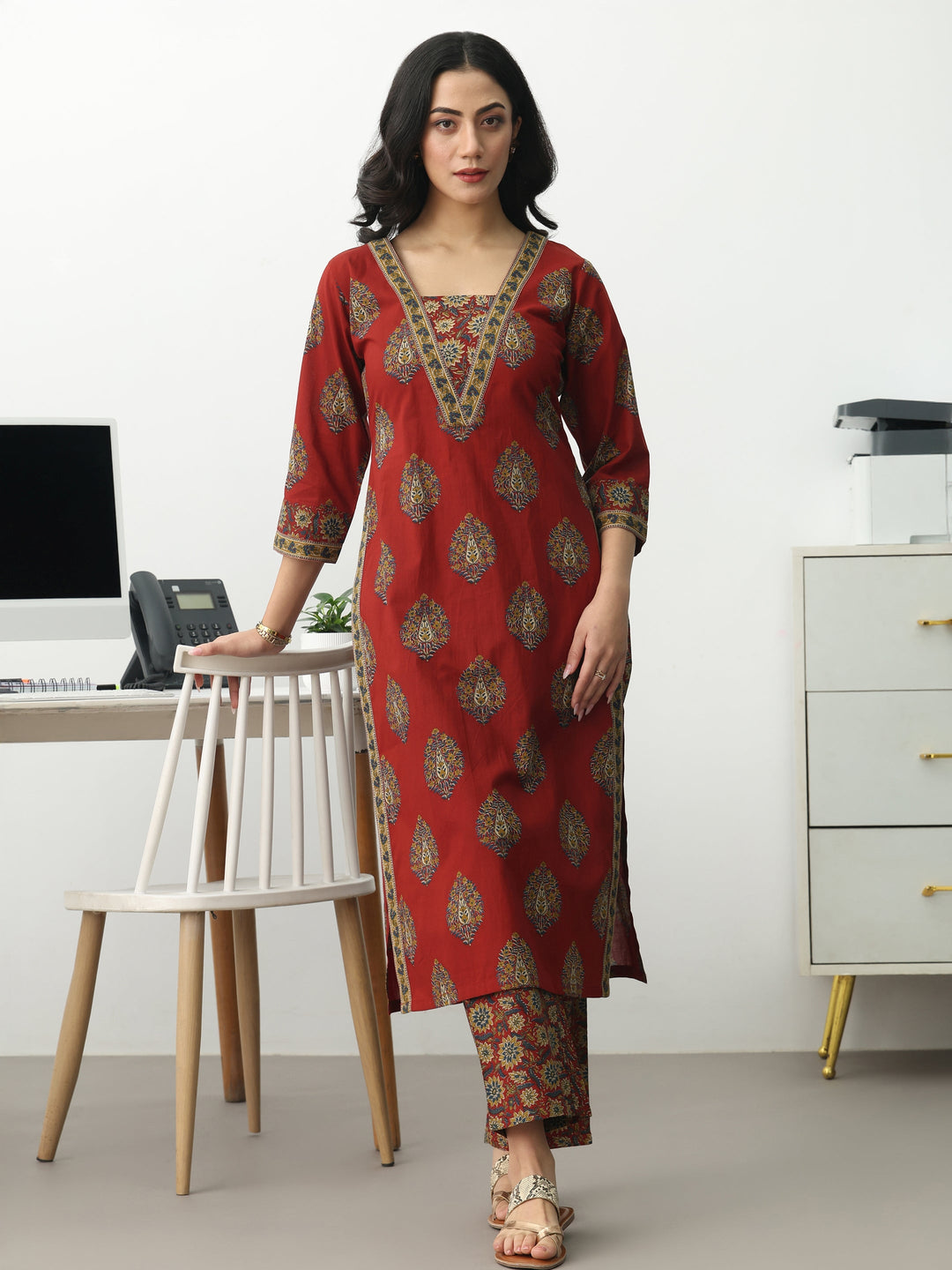 Rust Ethnic Motifs Printed Cotton Blend Straight Kurta Set
